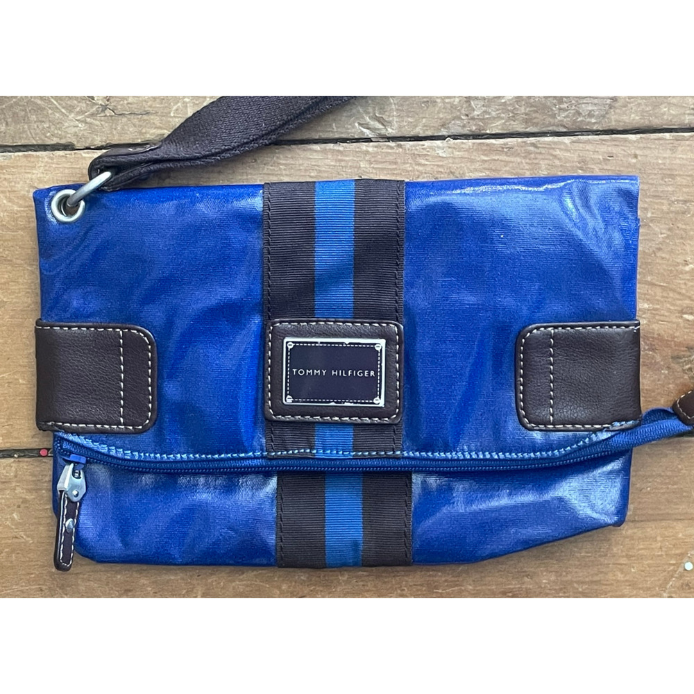 Tommy Hilfiger Wristlet 10"Wx6.5"H Fold Over Zip Pouch Coated Vinyl Blue w/Logo